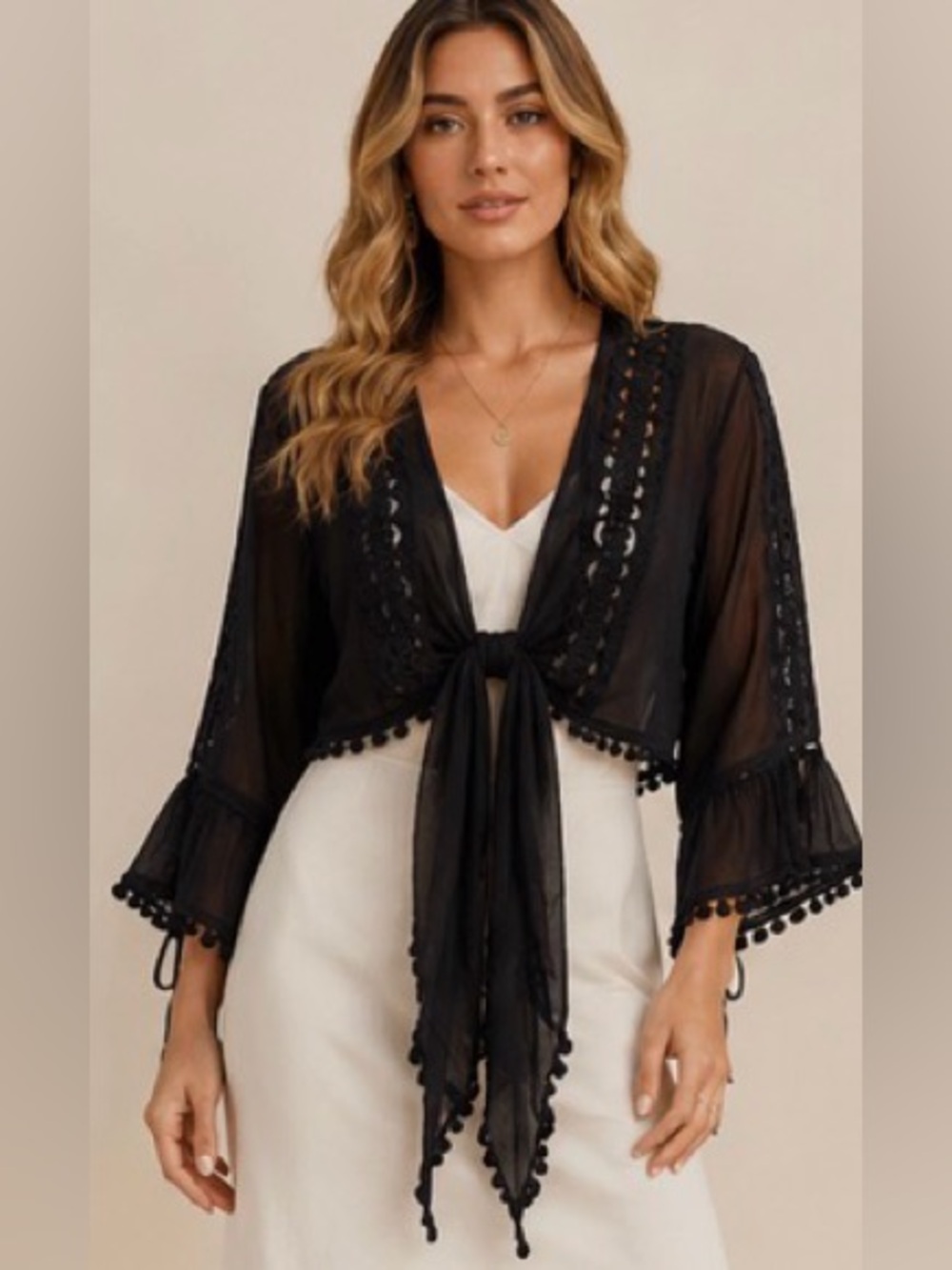 Elan Black Sheer Crochet Lace Tie-Front Bell Sleeve Top NWT